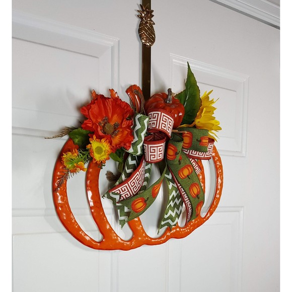Orange Enamel Fall Pumpkin Wreath,‎ Fall Halloween Decor,  Sunflowers & Leaves - Picture 3 of 8